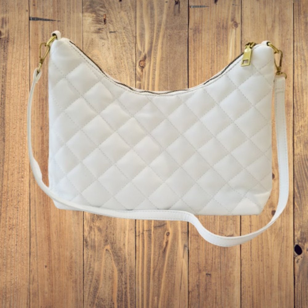 NEW! White Quilted Faux Leather Shoulder Crossbody Bag Tote w/Detachable Strap
